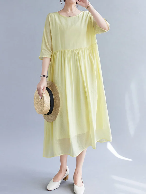 Pleated See-Through Solid Color Split-Joint Loose Short Sleeves Round-Neck Midi Dresses