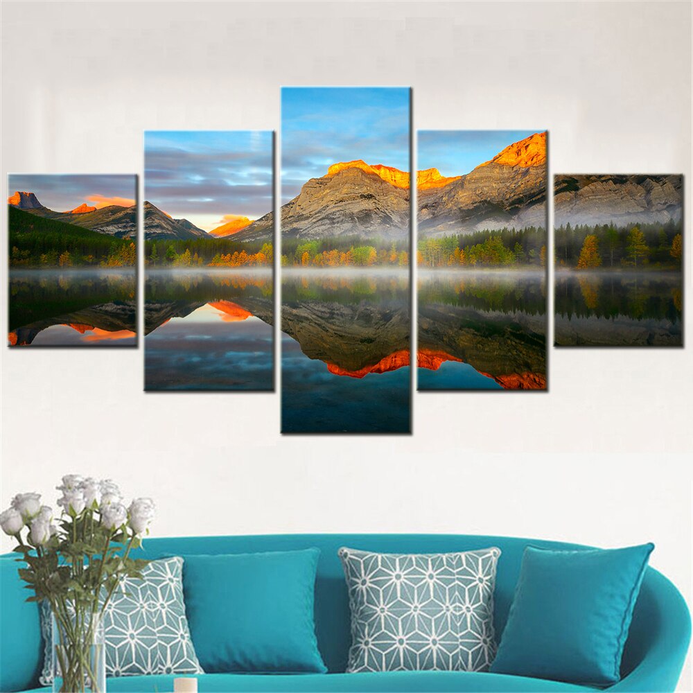 5 Pcs Wall Art Canves Painting Home Decor Module Landscape Mountain Peak Lakes Forests Print Decorative Posters Aesthetic