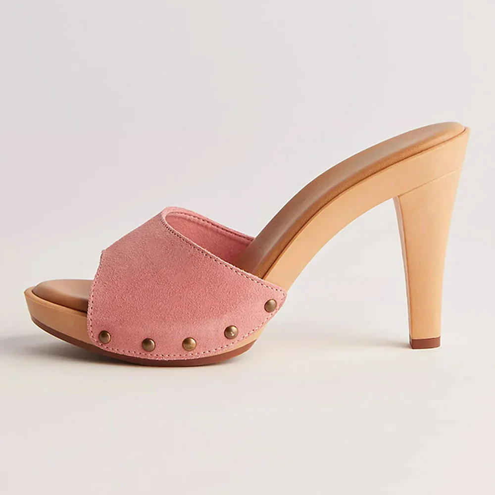 Wide Strap Studded Platform Chunky Heel Cute Pink Sandals for Women