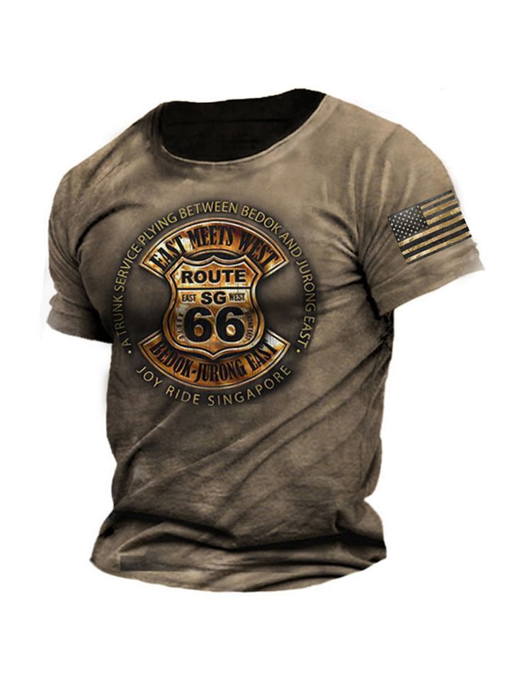 Printed Route 66 Men's Round Neck Cotton T-shirt -vasmok