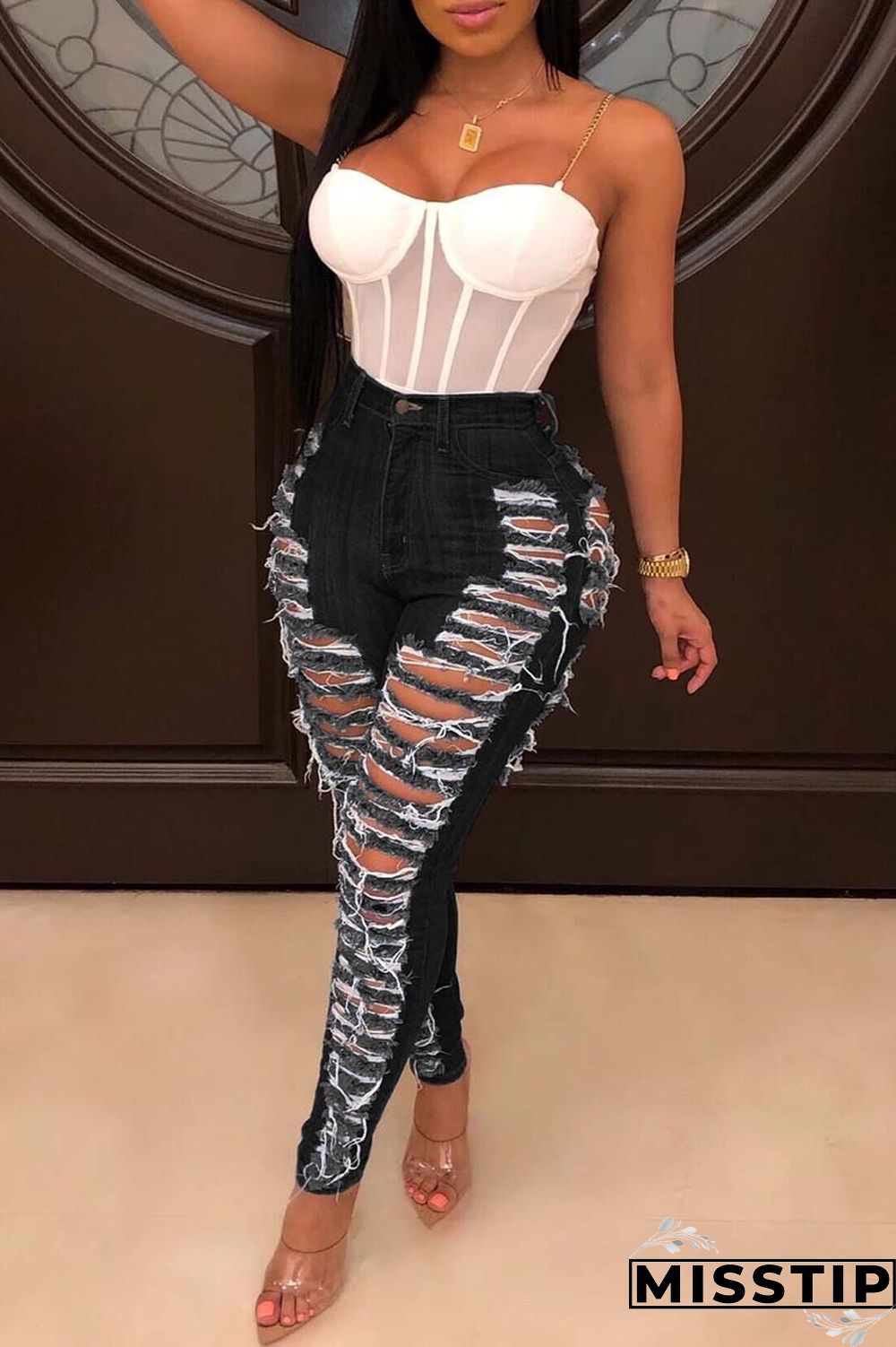 Dark Blue Casual Solid Ripped Patchwork Plus Size Jeans