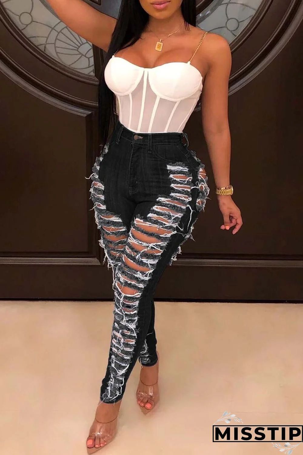 Dark Blue Casual Solid Ripped Patchwork Plus Size Jeans