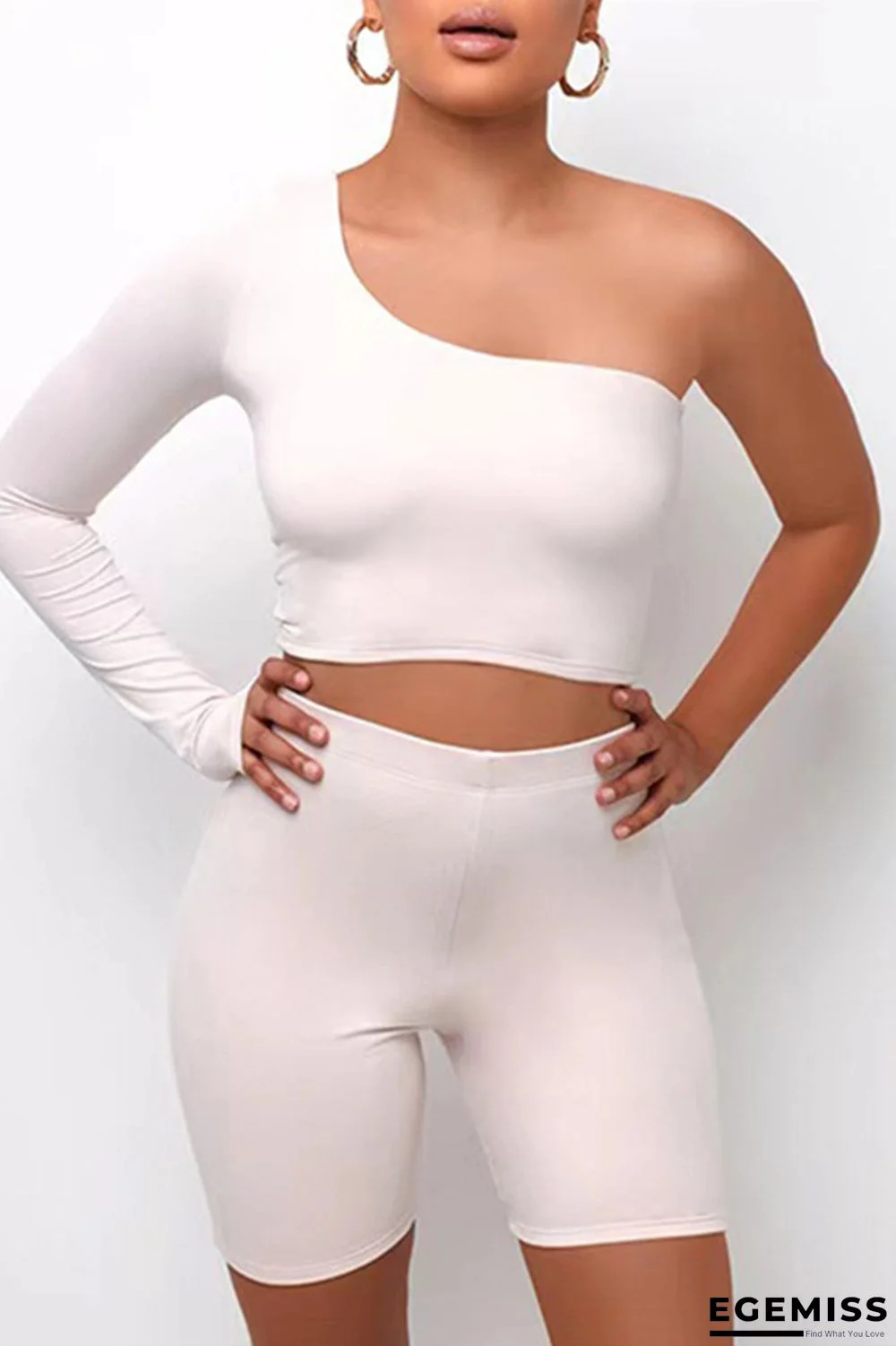 White Casual Sportswear Solid Basic Oblique Collar Long Sleeve Two Pieces | EGEMISS