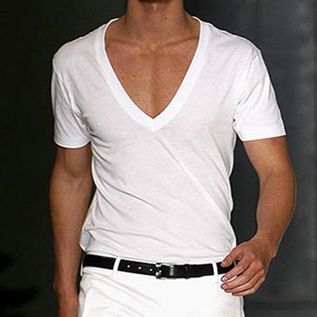 Men's Basic White Deep V-Neck Cotton Short Sleeve T-Shirt、、URBENIE