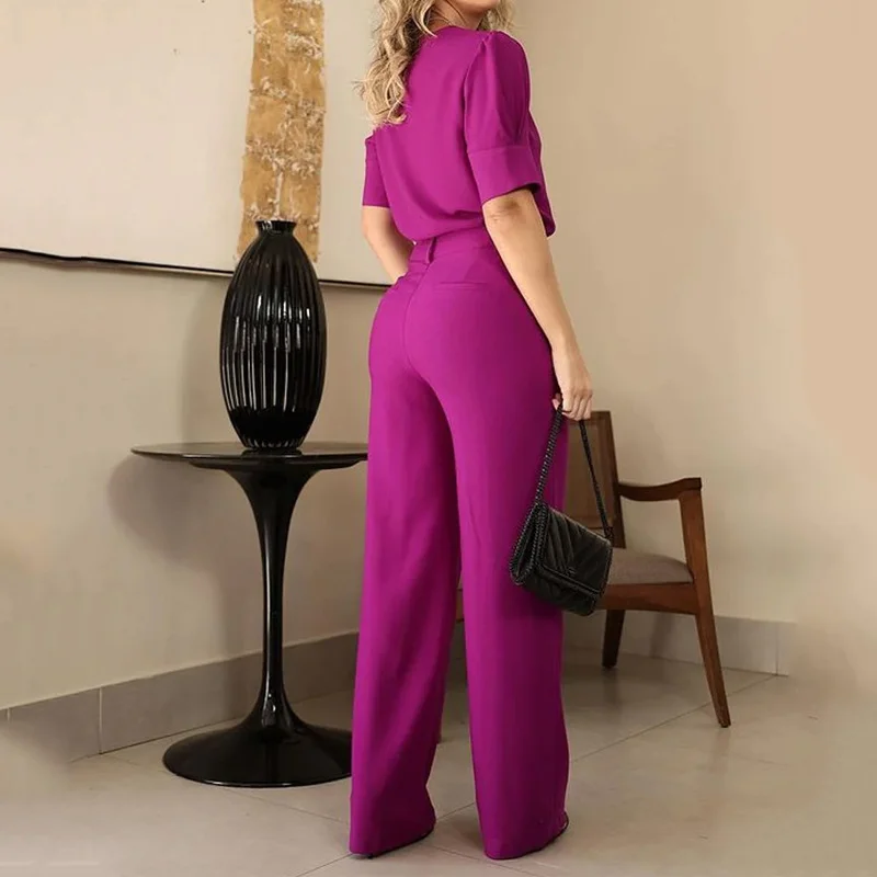 Toloer Toloer New Summer 2023 Round Collar Middle Sleeve High-Waist Wide-Leg Pants Fashion Casual Suit-Outfit Ideas