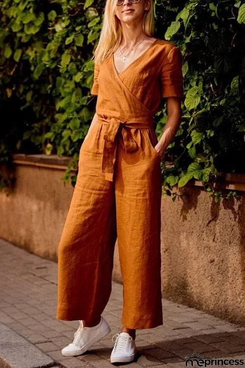 Loose Linen Wrap Jumpsuit