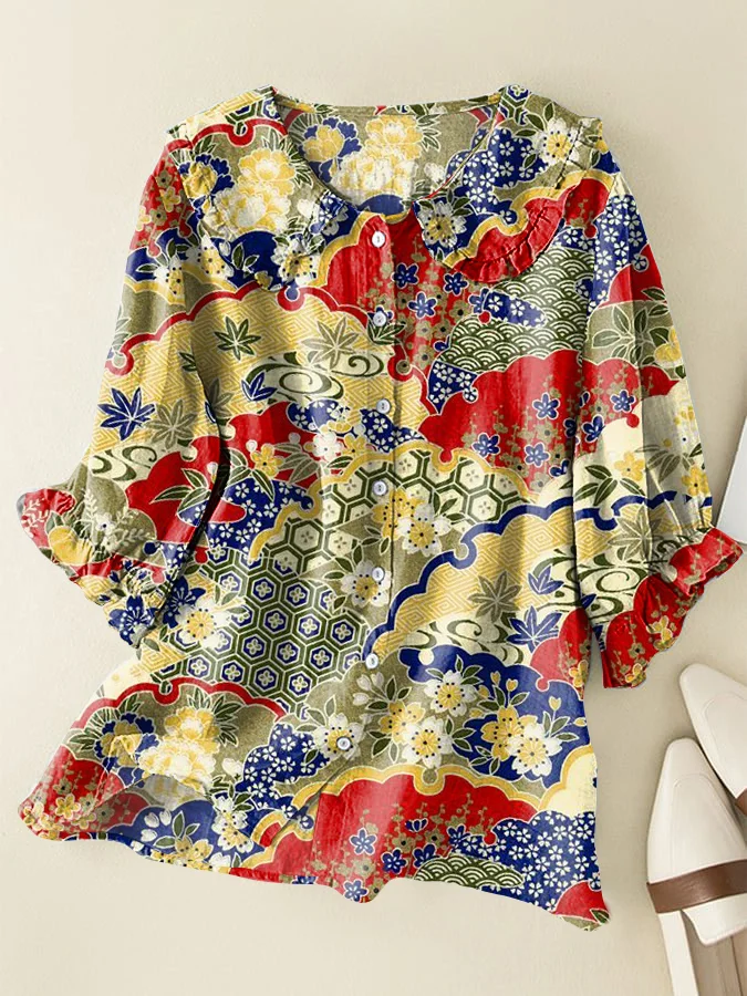 Japanese Floral Vintage Peter Pan Ruffle Collar Shirt