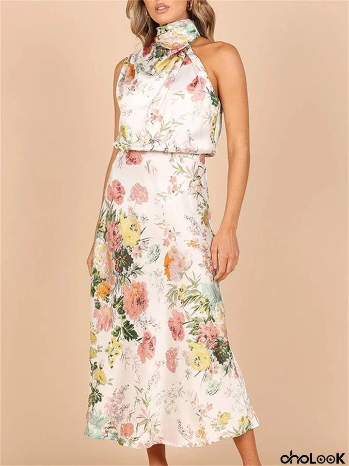 Elegant Floral Print Halter Sleeveless Party Dress