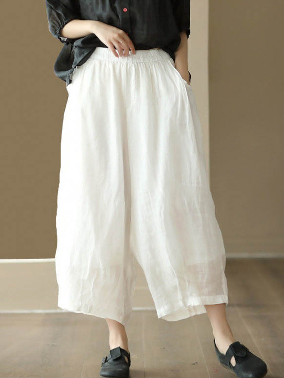 Double Layer Solid Color Wide Leg Elastic Waist Pants