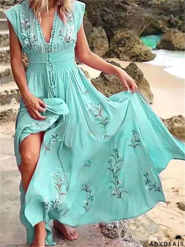 Women's Bohemian V Neck Chiffon Flowy Vacation Dress