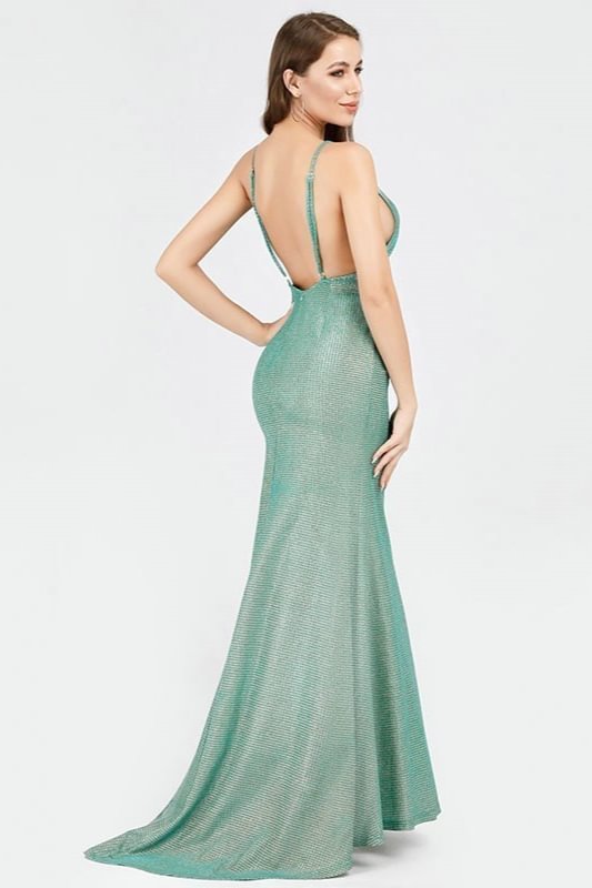 Green Spaghetti Straps V Neck Mermaid Long Evening Prom Dress 