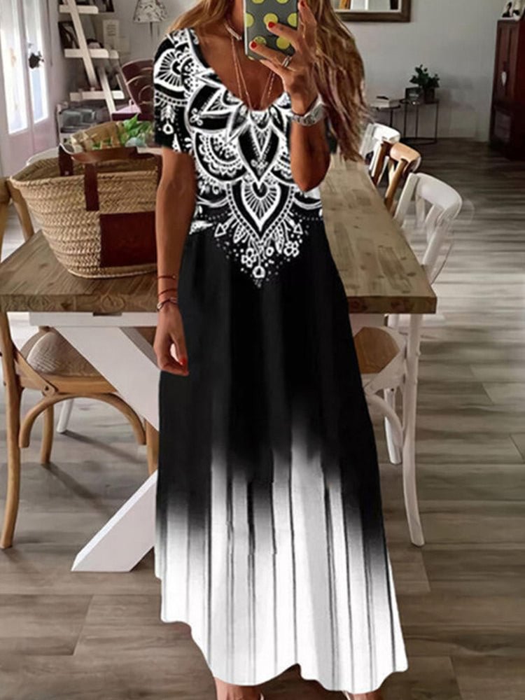 Women's Short Sleeve V-neck Floral Printed Gradient Maxi Dress