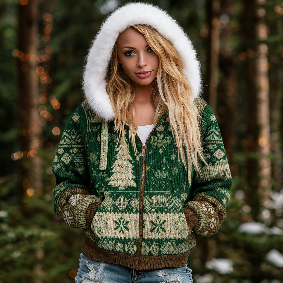 Retro Christmas Elements Women's Knit Hooded Sweater Coat elevenforest