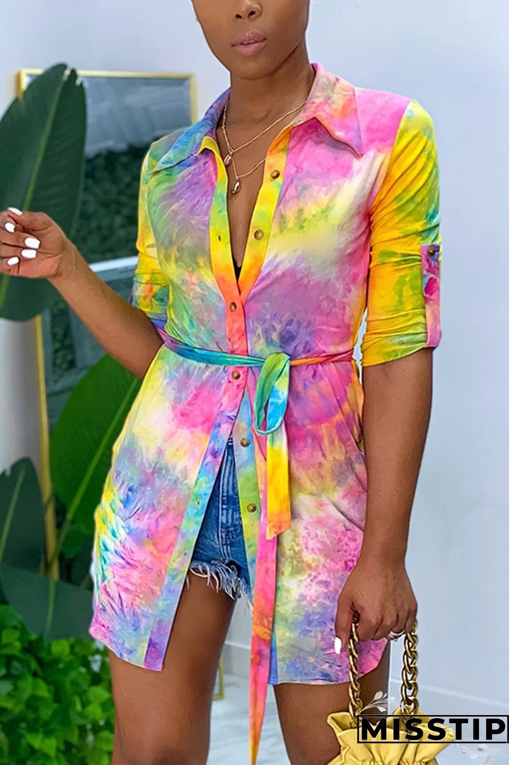 Colorful Fashion Casual Turndown Collar Long Sleeve Regular Sleeve Long Print Tie Dye Tops