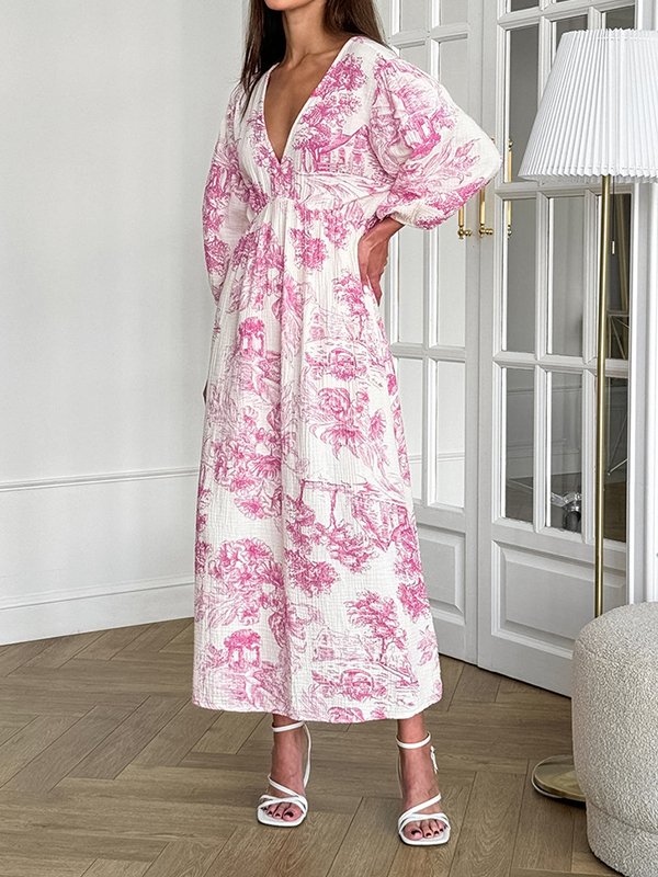 Vintage Flower Printed V Neck Lantern Sleeve Midi Dress