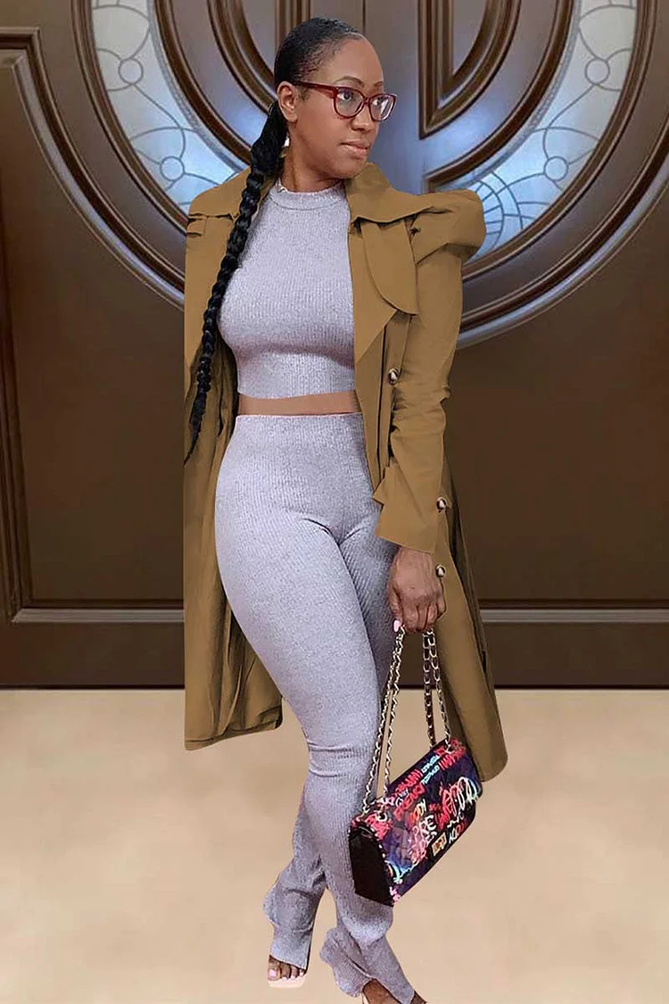 Juliet Sleeve Button Solid Color Trench Coat-Khaki