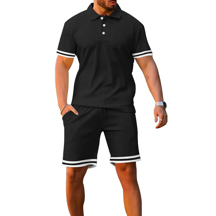 BrosWear Men's Solid Color Casual Short Sleeved Polo Shirt Two Piece Set