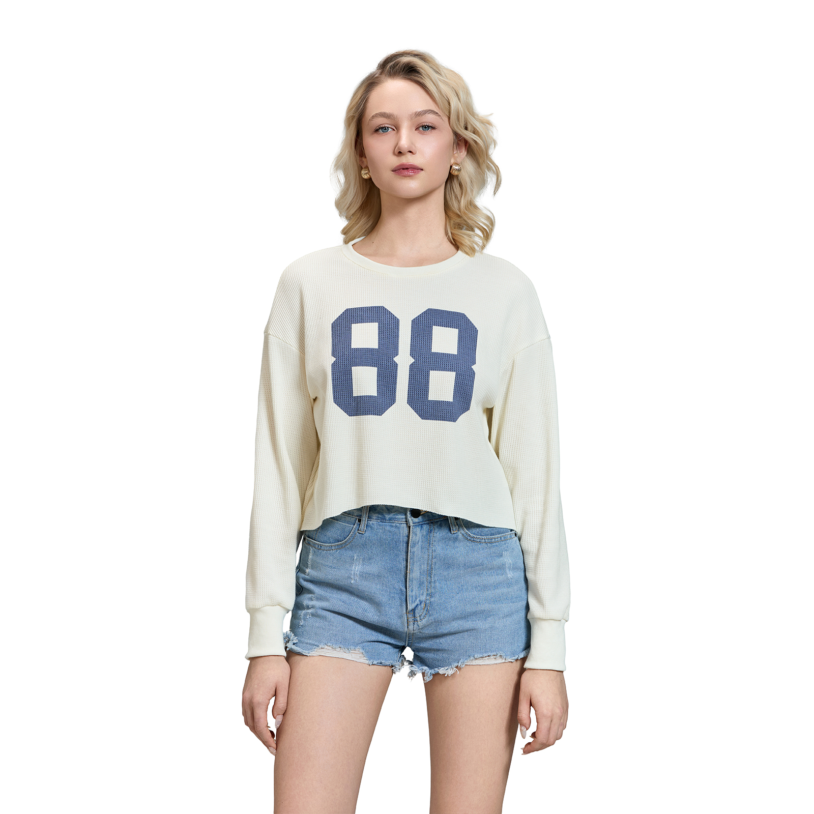 Wantexo Women Cropped Sweatshirts Long Sleeve Crew Neck Numbers Print Loose Tops Spring Fall Shirts Streetwear