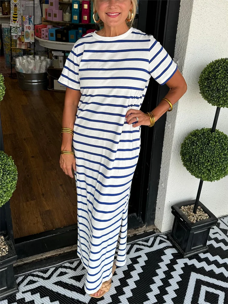 Women's Striped T-Shirt Dress With Pockets - tree - Codlins