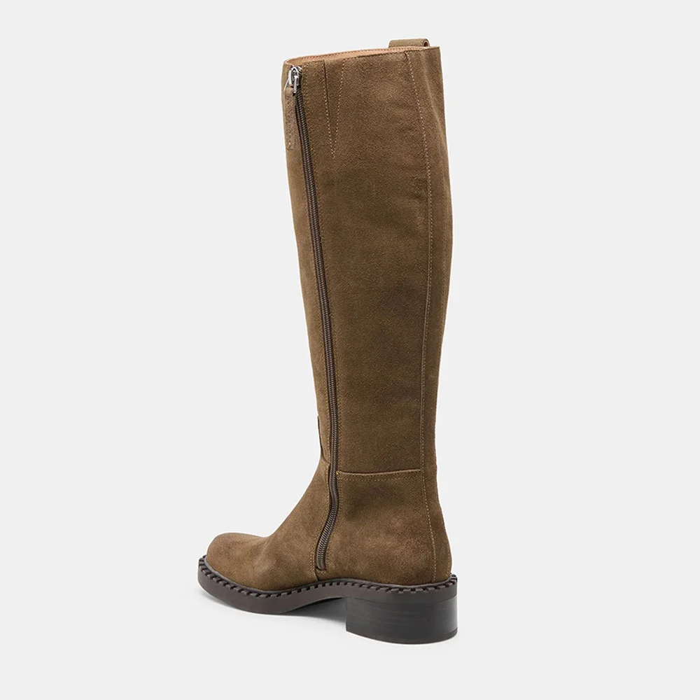 Tan Block Heel Round Toe Vegan Suede Long Fashion Boots for Women