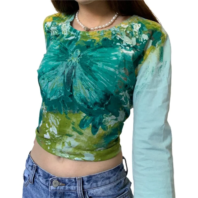 Xingqing Vintage Fashion Print Y2K Female T-shirt Autumn Crop Top Tee Aesthetic Long Sleeve T shirt Grunge Fairycore Pullovers