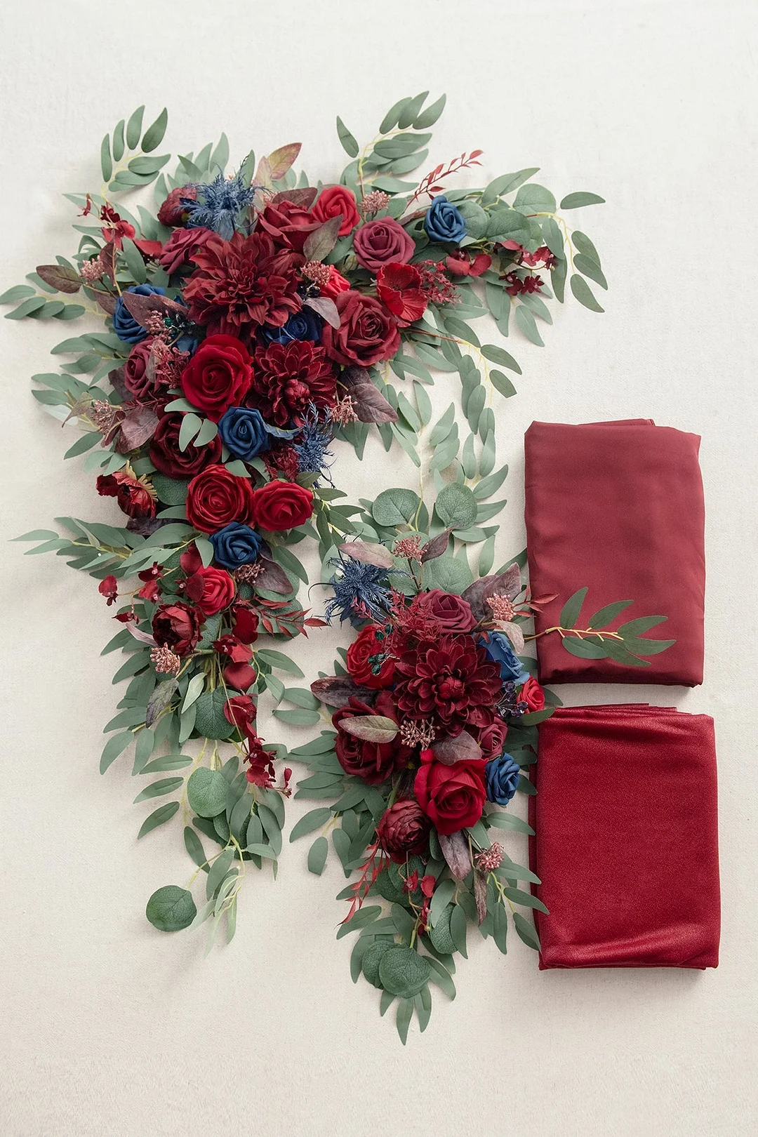 Flower Arch Decor with Drapes in Burgundy & Navy