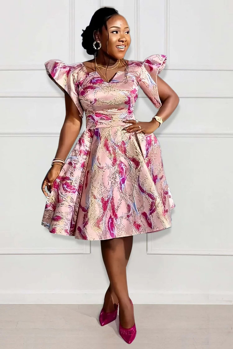 Notched Neck Flare Sleeve Print A-Line Party Midi Dresses-Pink [Pre Order]