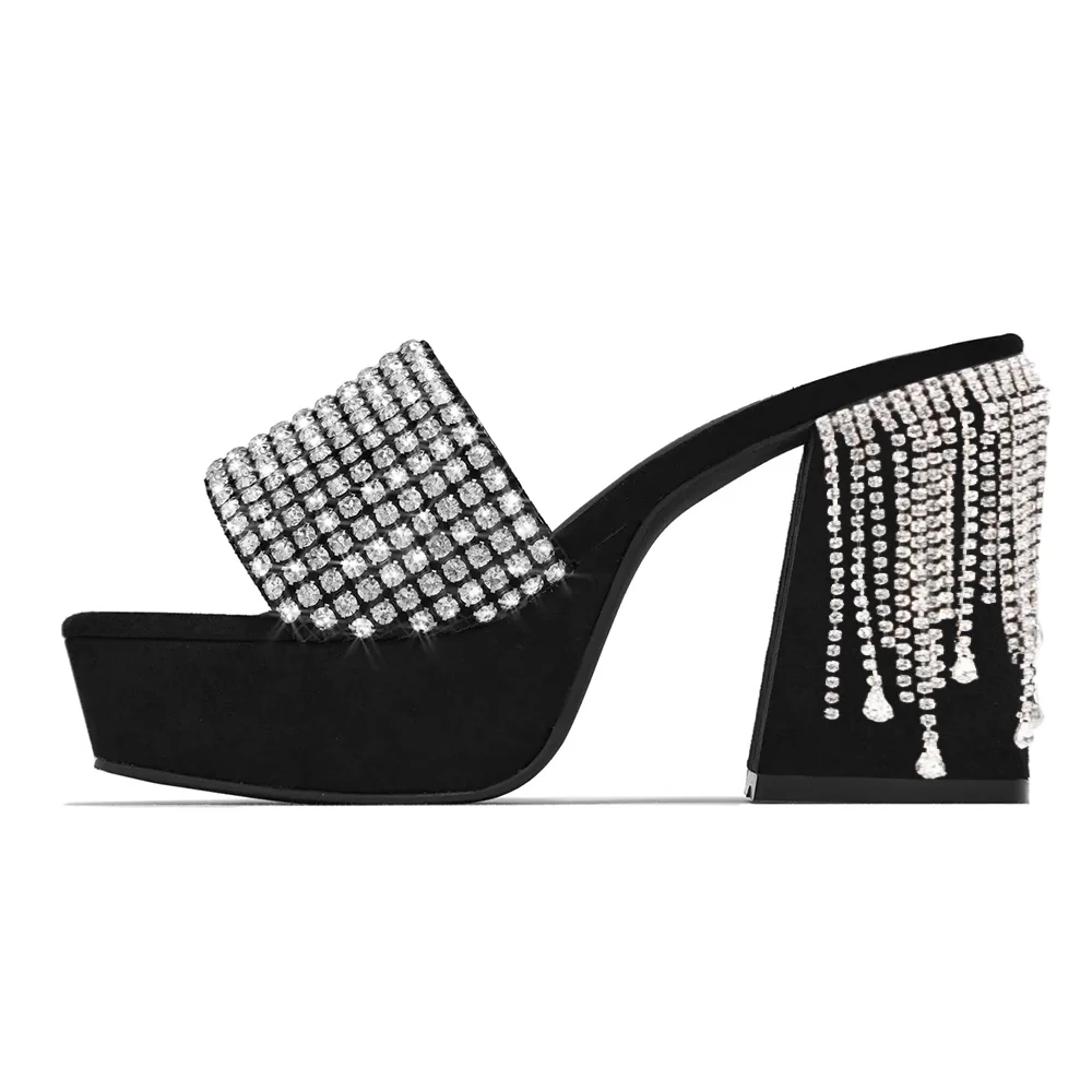 Black Faux Suede Opened Round Toe Platform Mules With Rhinestone Decorated Wide Strap Chunky Heels Nicepairs