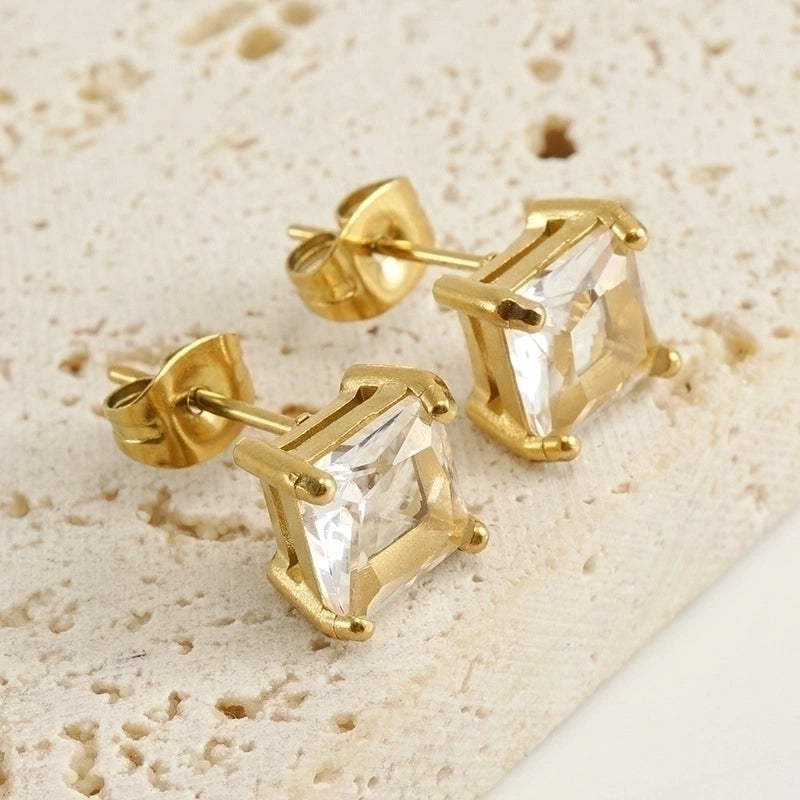 1 Pair Retro Square Inlaid Zircon 304 Stainless Steel Zircon 18K Gold Plated Stainless Steel Earrings