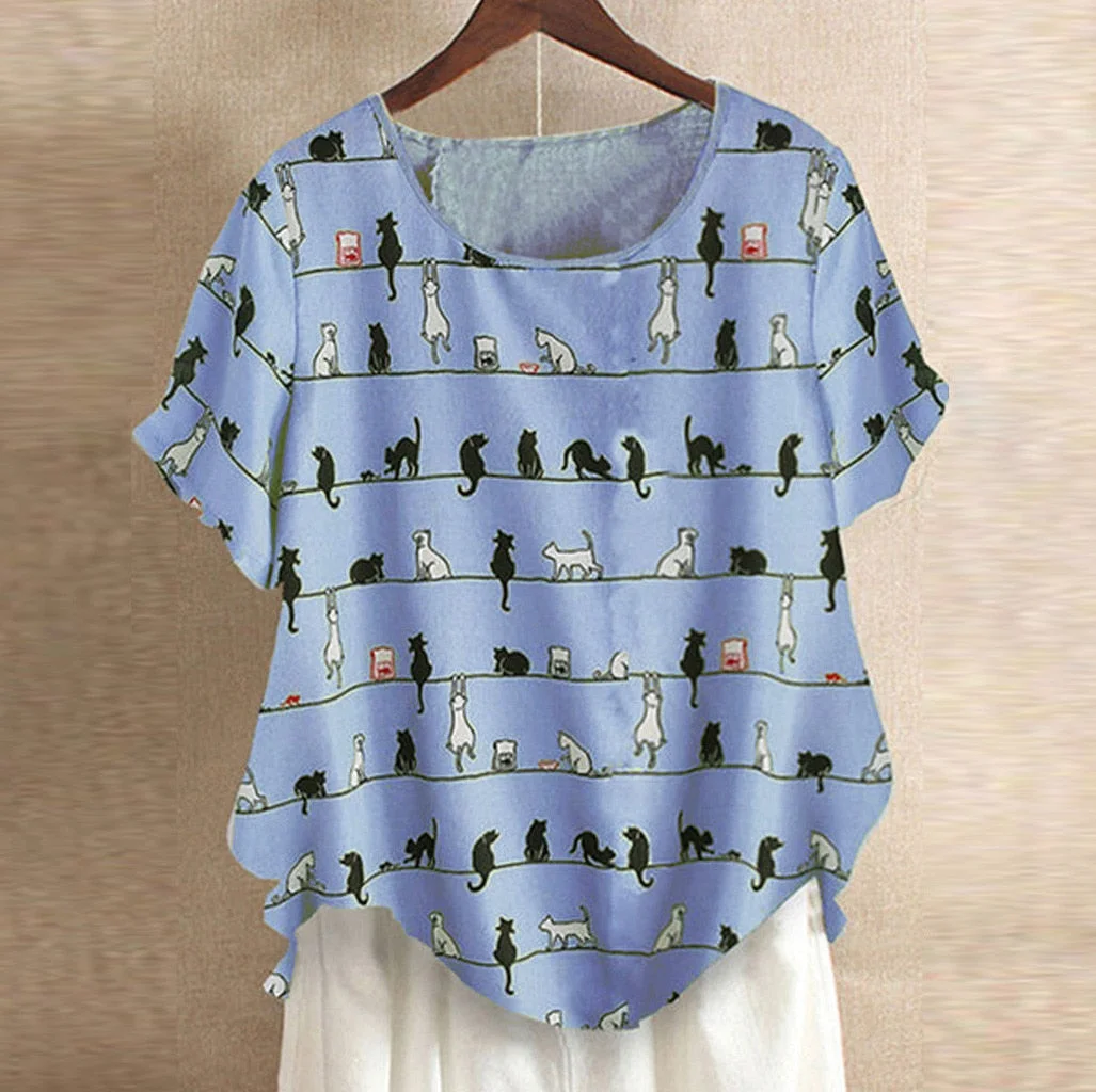 Plus Size Fashion Cotton Linen Blouse Shirt Cute Cat Print Tops Casual Summer Ladies Female Women Short Sleeve Blusas Pullover