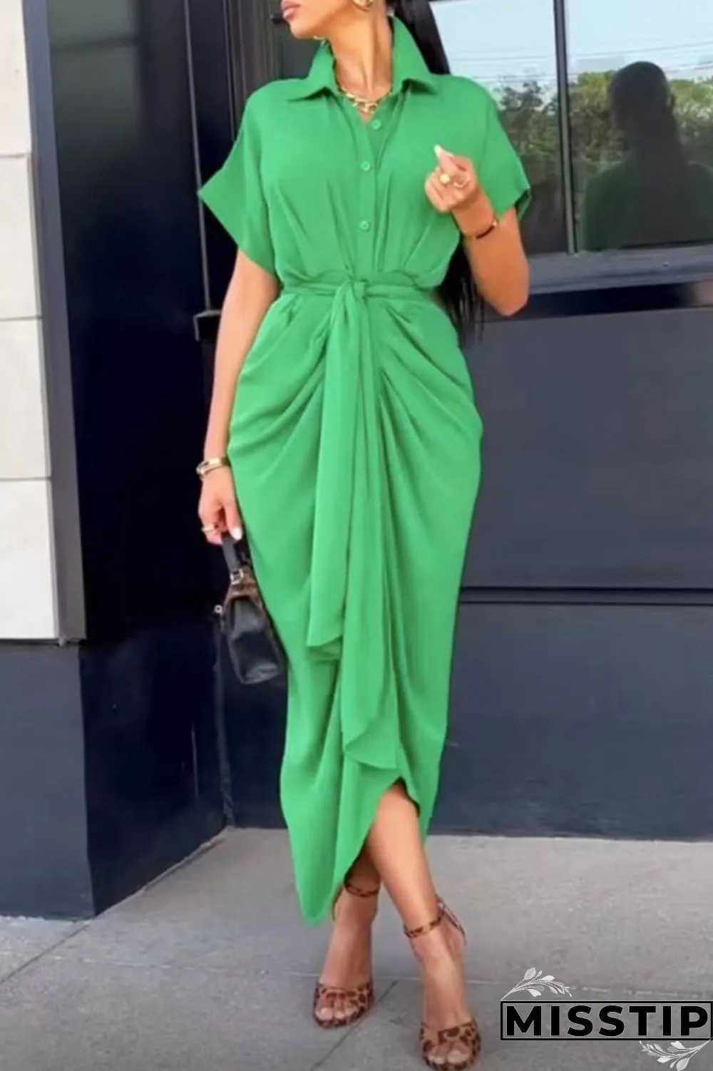Green Casual Solid Patchwork Turndown Collar Shirt Dress Dresses