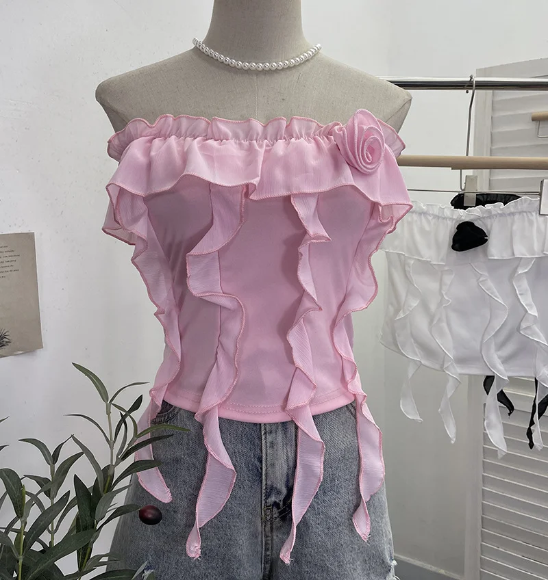 Uveng Real Shooting Pure Wind Lotus Leaf Side With A Word Shoulder Bra Small Vest Short Three-Dimensional Flowers Sleeveless Top 8856