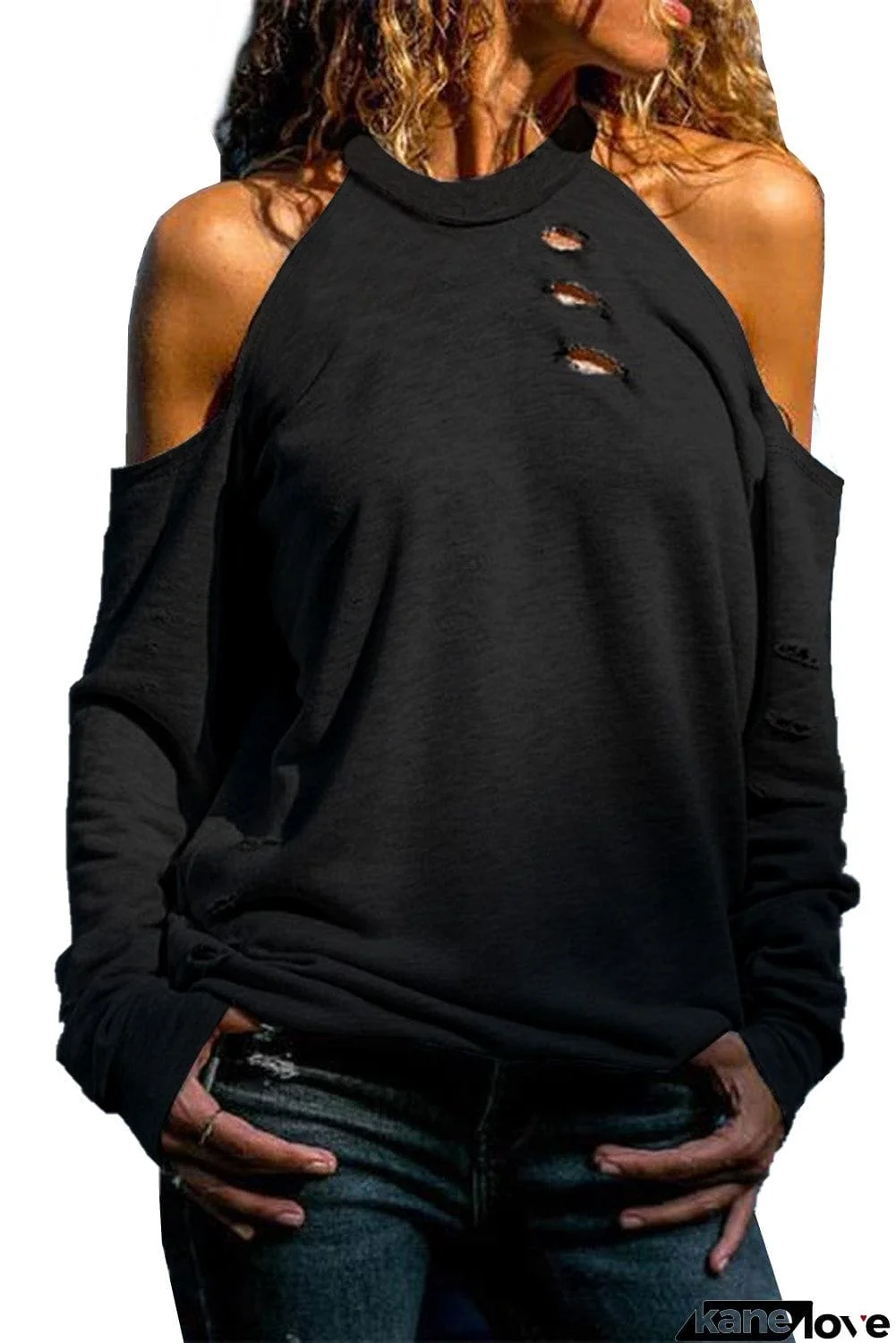 Hollow Out Off-the-shoulder Long Sleeve T-shirt