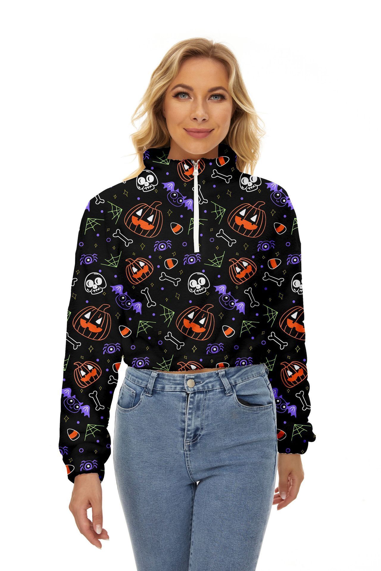  thdmladies Halloween Flannel Plush Cropped Sweater thedmladies