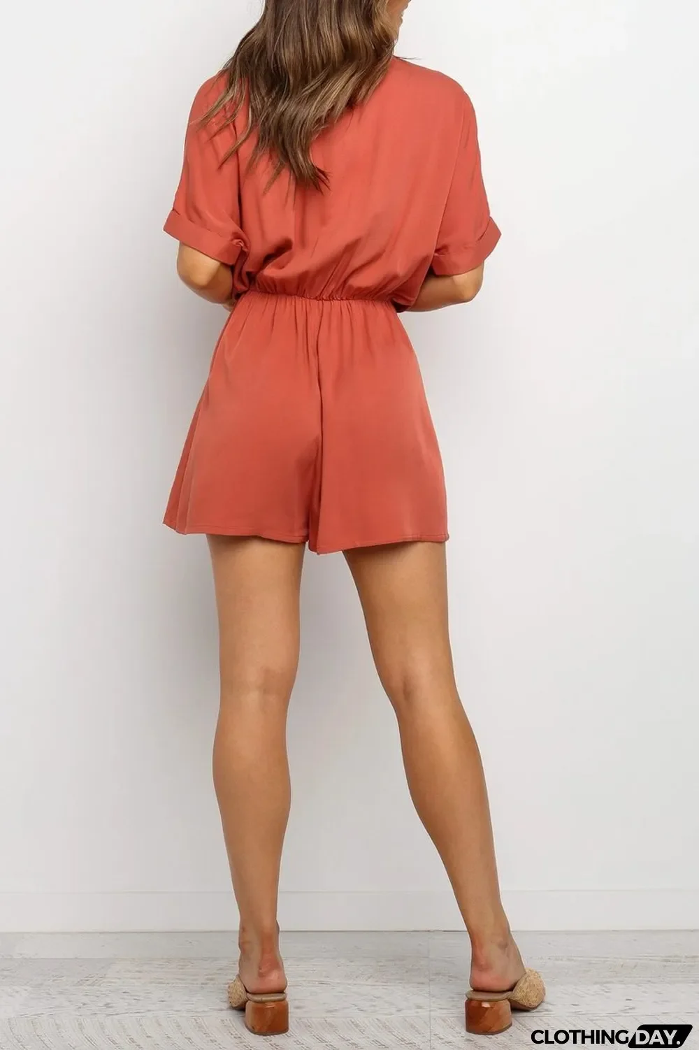 Drawstring Waist V-Neck Knotted Romper
