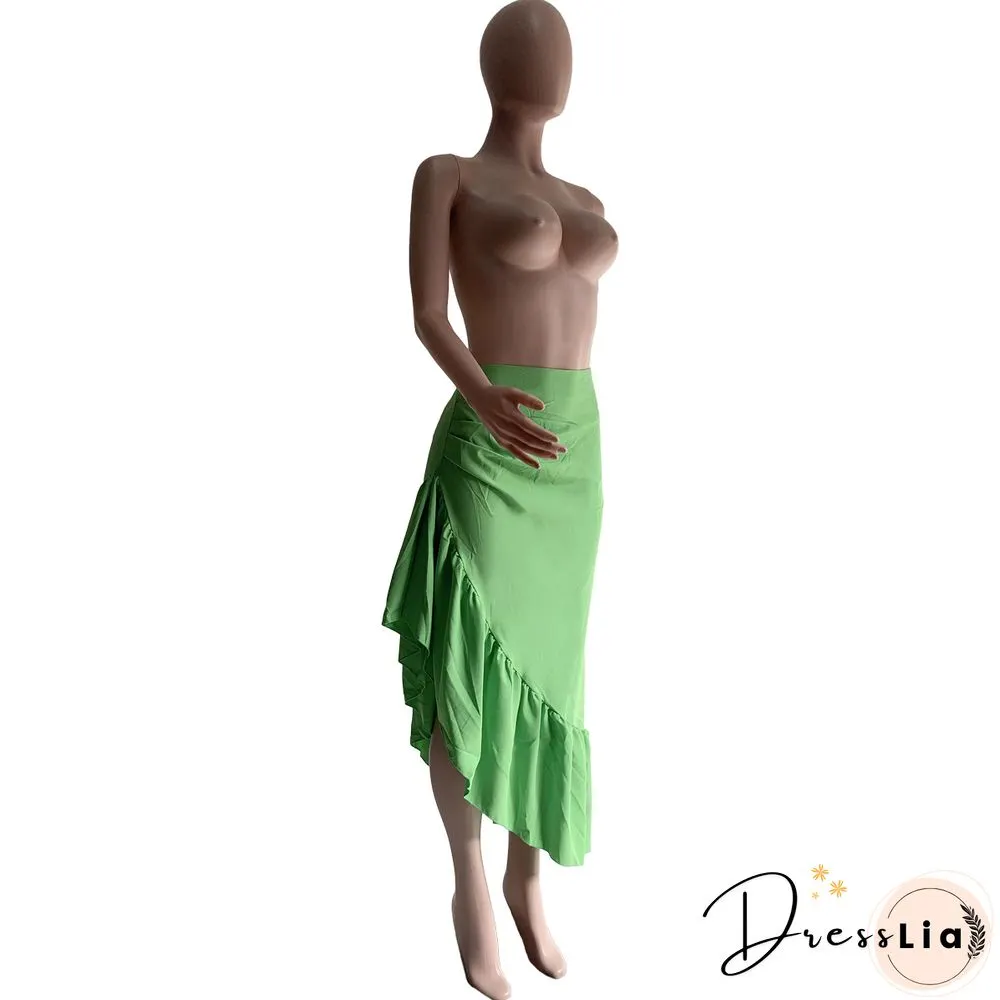 High Waist Asymmetrical Slit Ruffle Hem Skirts