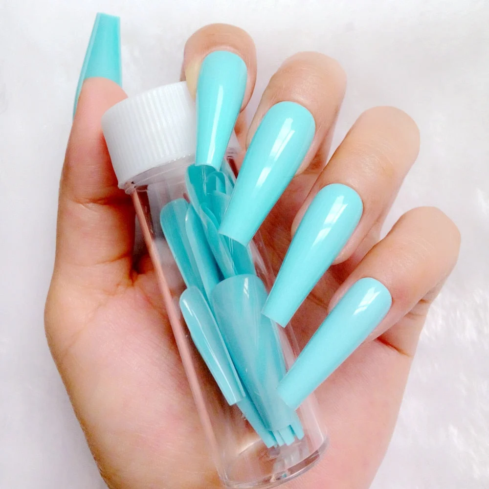 24Pcs Super Long Ballerina Coffin False Nails Glossy Light Pink Artificial Press On Nails Full Cover Fingernails Manicure Tool-Nail Inspo