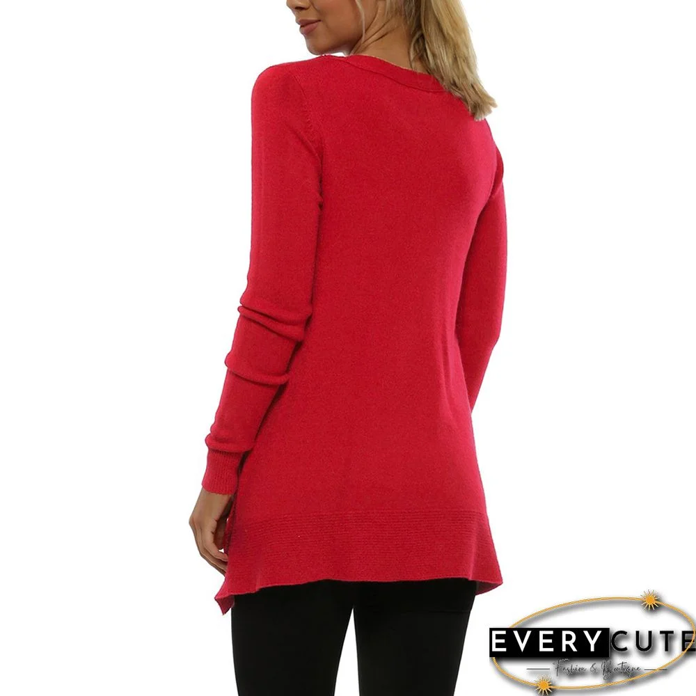 Red Button Side Split Knit Sweater