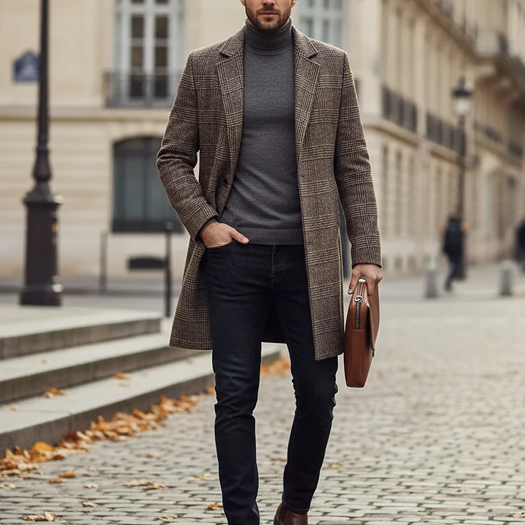 Warmer, taillierter Trenchcoat f&uuml;r Herren mit kariertem Revers