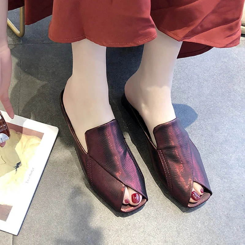 Women Slippers 2022 New Summer Fashion Peep-toe Sexy Shoes Med Heels Chunky Designer Slides PU Leather Sandals Party Flip Flops