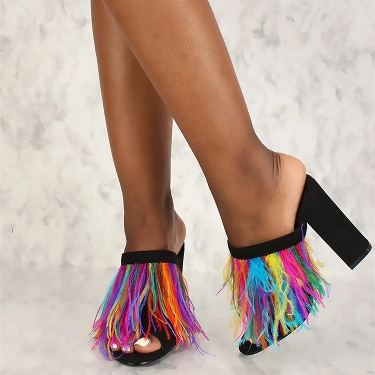 Black Peep Toe Colorful Feather Chunky Heels Mules Sandals |FSJ Shoes