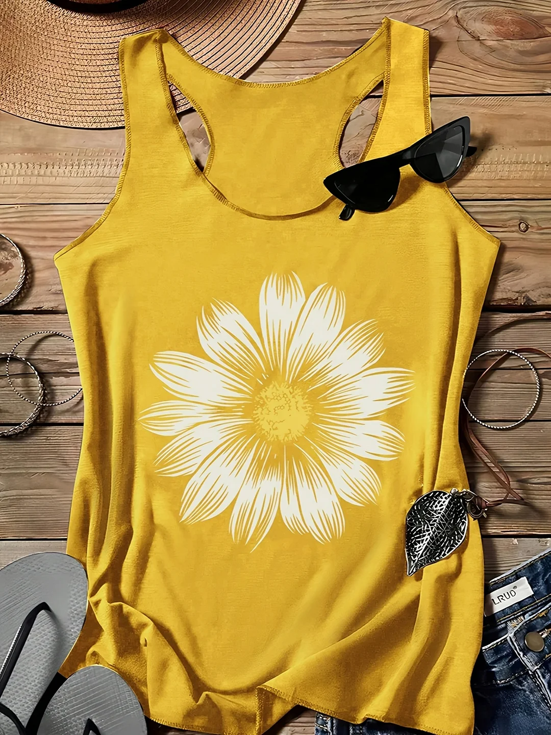 Vibrant Yellow Geometric Chrysanthemum Print Tank Top | Women's Casual Crew Neck Summer Top, Breathable & Machine Washable, Versatile For Beach, Picnics, Shopping | IFYHOME