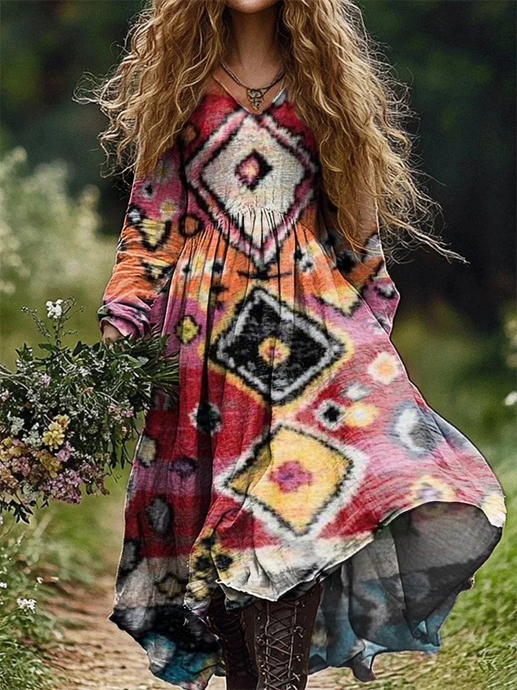 Women's Moroccan Block Print Pocket Cotton Dress