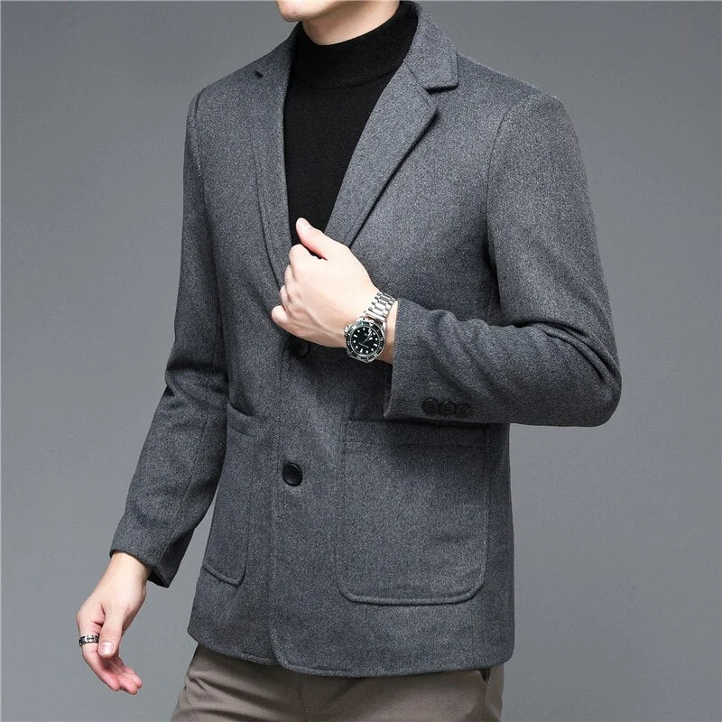 Oocharger Autumn and Winter New Men Blazer Jacket Middle Aged Fashion Business Casual Double Breasted Men Solid Wool Suits Coats