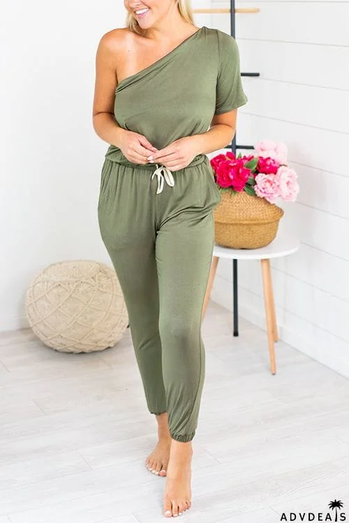 One Shoulder Drawstring Jumpsuits
