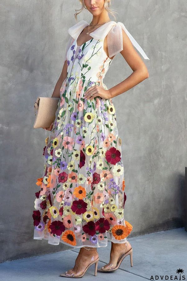 Summertime Blooms Floral Applique Adjustable Shoulder Tie Midi Dress