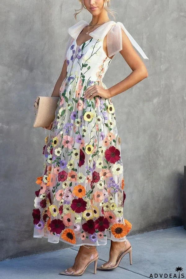 Summertime Blooms Floral Applique Adjustable Shoulder Tie Midi Dress