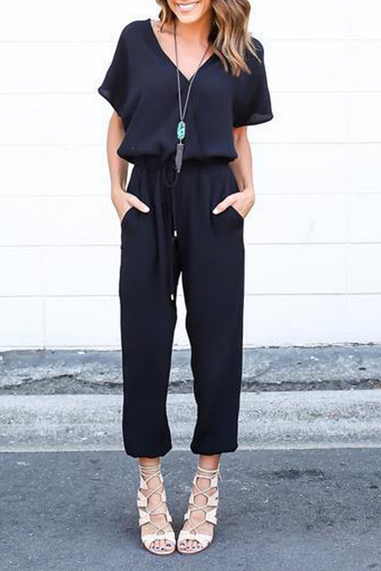 Casual Solid Patchwork V Neck Straight Jumpsuits(3 Colors)