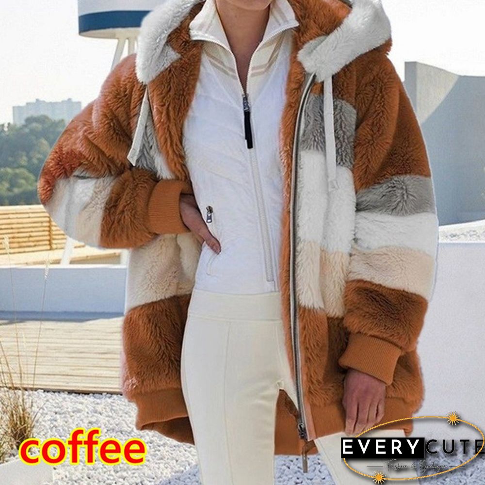 New Winter Womens Fashion Jacket Hooded Warm Plush Loose for Women Patchwork Outerwear