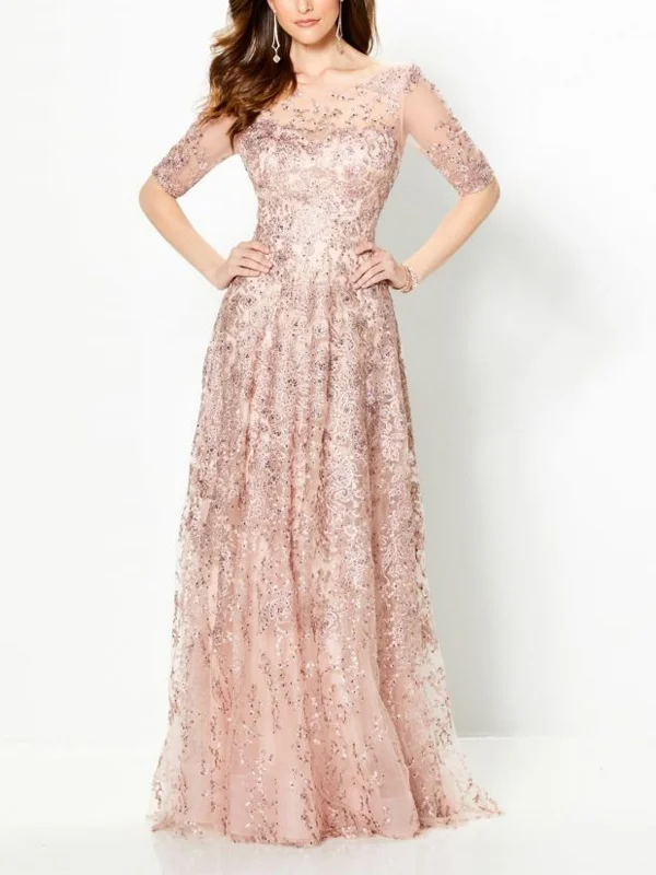 Round Neck Solid Color Lace Maxi Dress